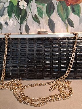 Starlet Black Glass Beaded Crystal Crossbody Clutch with Gold Chain Strap